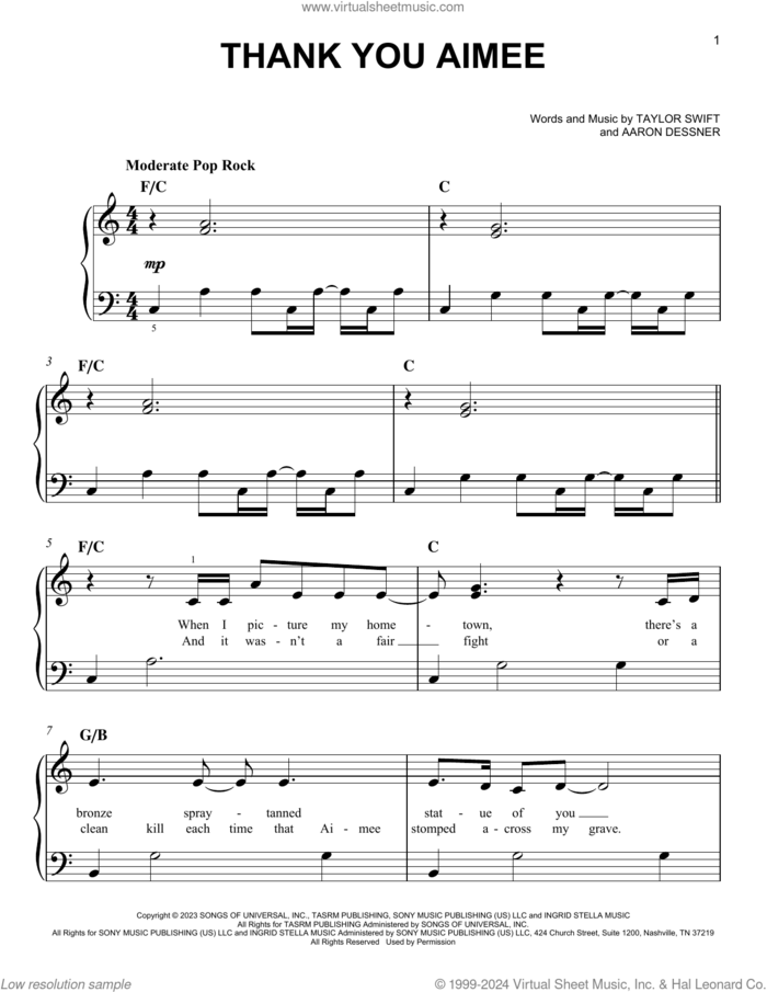 thanK you aIMee sheet music for piano solo by Taylor Swift and Aaron Dessner, easy skill level