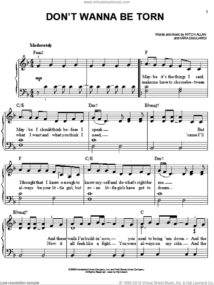 Don't Wanna Be Torn sheet music for piano solo by Hannah Montana, Miley Cyrus, Kara DioGuardi and Mitch Allan, easy skill level