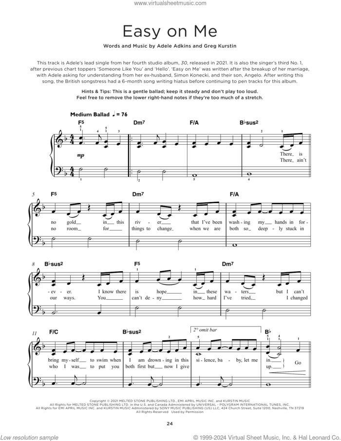 Easy On Me sheet music for piano solo by Adele, Adele Adkins and Greg Kurstin, beginner skill level