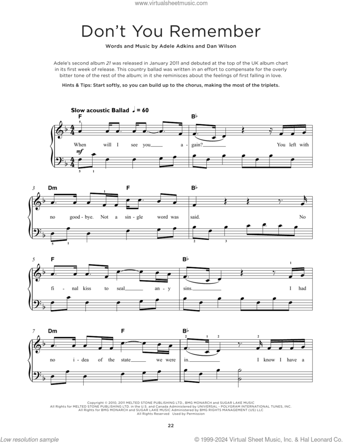 Don't You Remember sheet music for piano solo by Adele, Adele Adkins and Dan Wilson, beginner skill level