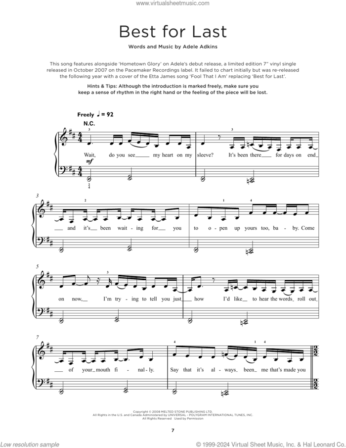 Best For Last, (beginner) sheet music for piano solo by Adele and Adele Adkins, beginner skill level