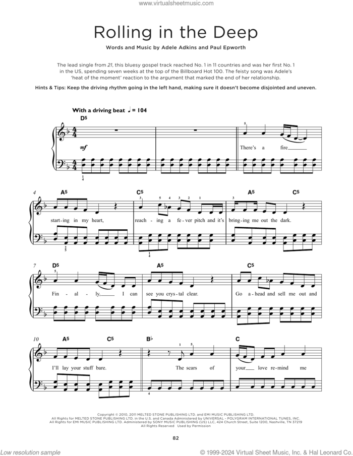 Rolling In The Deep sheet music for piano solo by Adele, Adele Adkins and Paul Epworth, beginner skill level