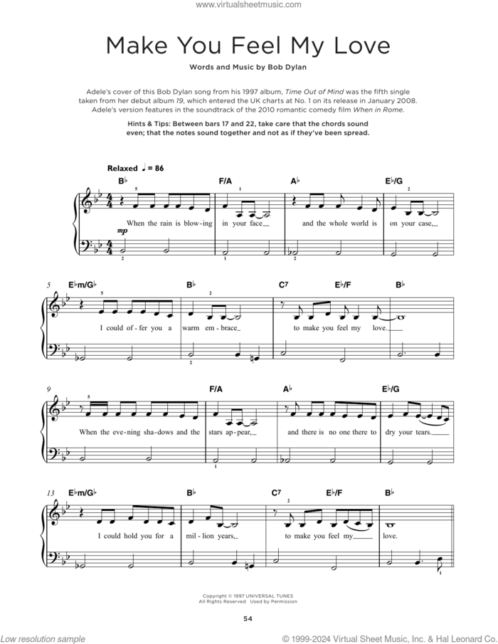 Make You Feel My Love sheet music for piano solo by Adele and Bob Dylan, beginner skill level