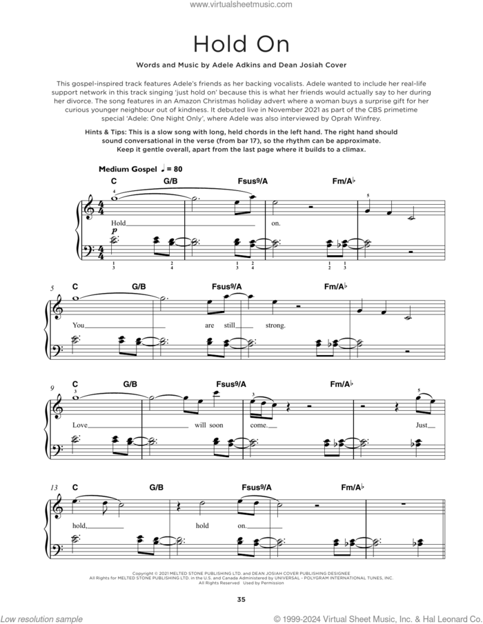 Hold On, (beginner) sheet music for piano solo by Adele, Adele Adkins and Dean Josiah Cover, beginner skill level