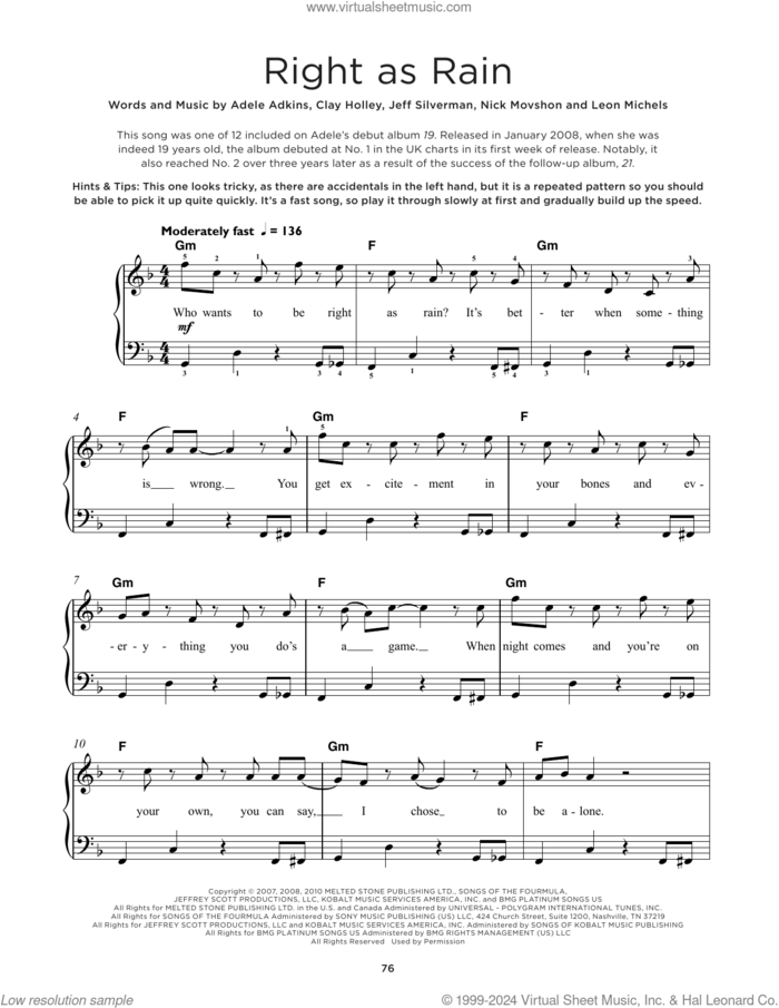 Right As Rain, (beginner) sheet music for piano solo by Adele, Adele Adkins, Clay Holley, Jeff Silverman, Leon Michels and Nick Movshon, beginner skill level