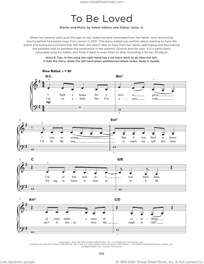To Be Loved, (beginner) sheet music for piano solo by Adele, Adele Adkins and Tobias Jesso Jr., beginner skill level
