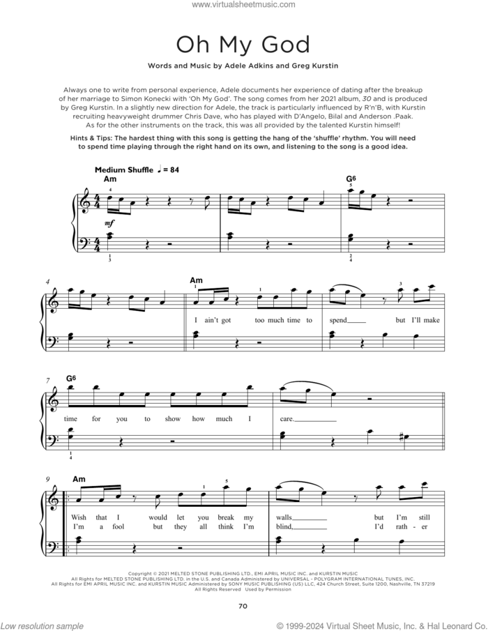 Oh My God, (beginner) sheet music for piano solo by Adele, Adele Adkins and Greg Kurstin, beginner skill level