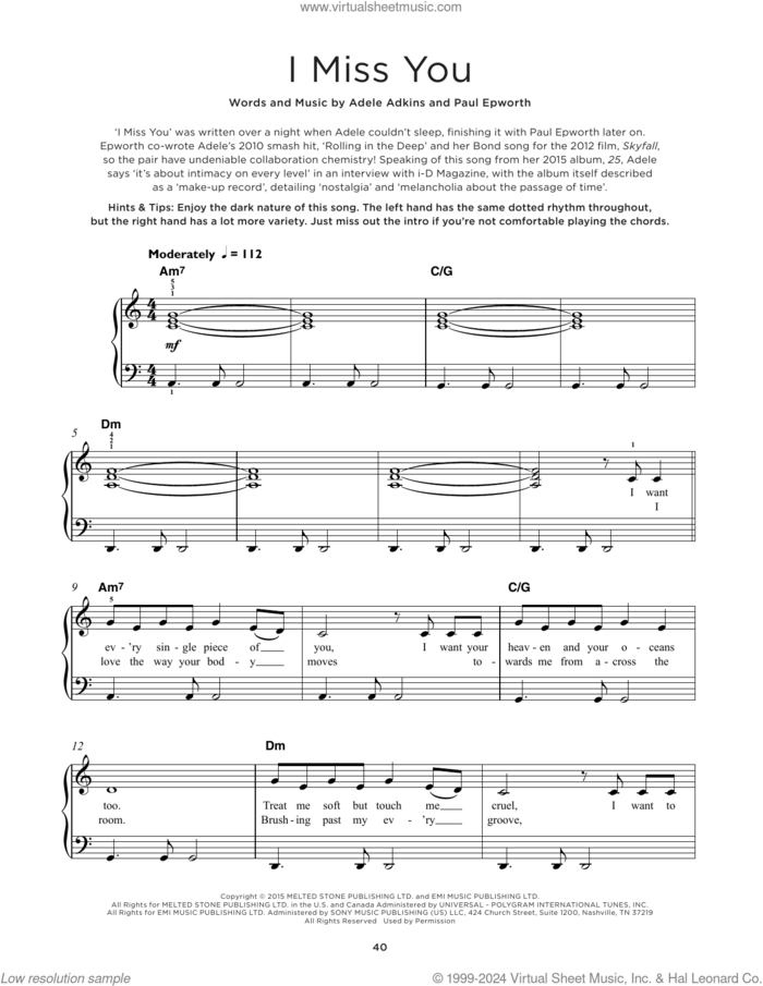 I Miss You, (beginner) sheet music for piano solo by Adele, Adele Adkins and Paul Epworth, beginner skill level