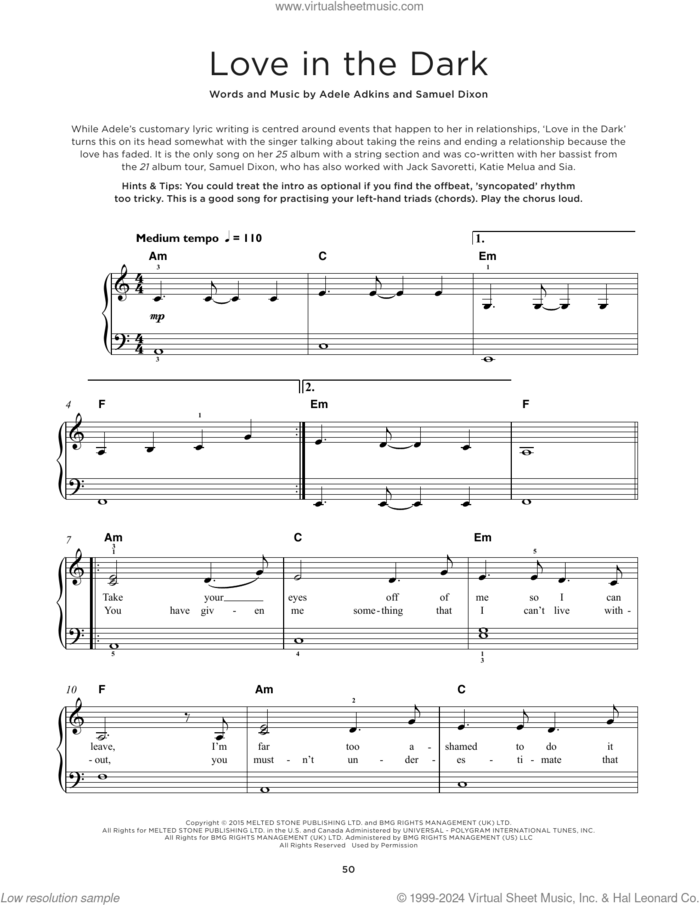 Love In The Dark, (beginner) sheet music for piano solo by Adele, Adele Adkins and Samuel Dixon, beginner skill level