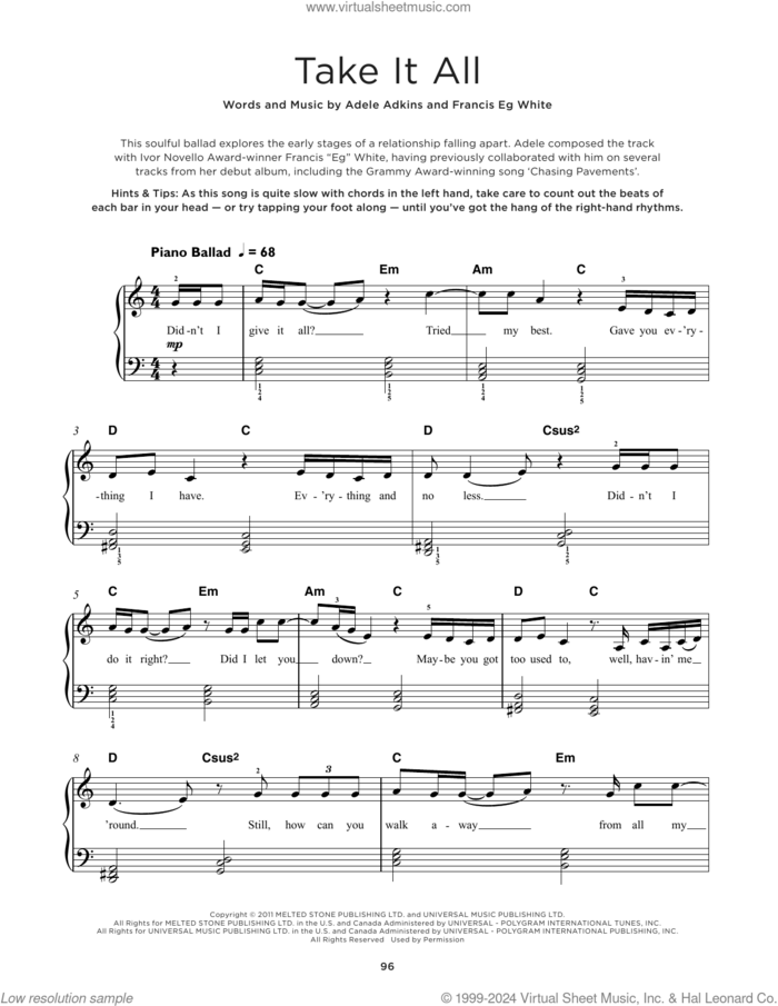 Take It All, (beginner) sheet music for piano solo by Adele, Adele Adkins and Francis White, beginner skill level