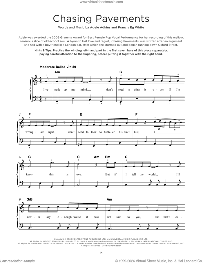 Chasing Pavements sheet music for piano solo by Adele, Adele Adkins and Francis White, beginner skill level