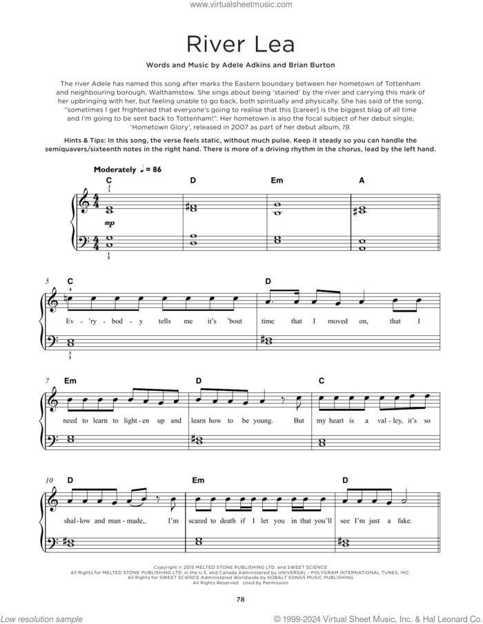 River Lea, (beginner) sheet music for piano solo by Adele, Adele Adkins and Brian Burton, beginner skill level