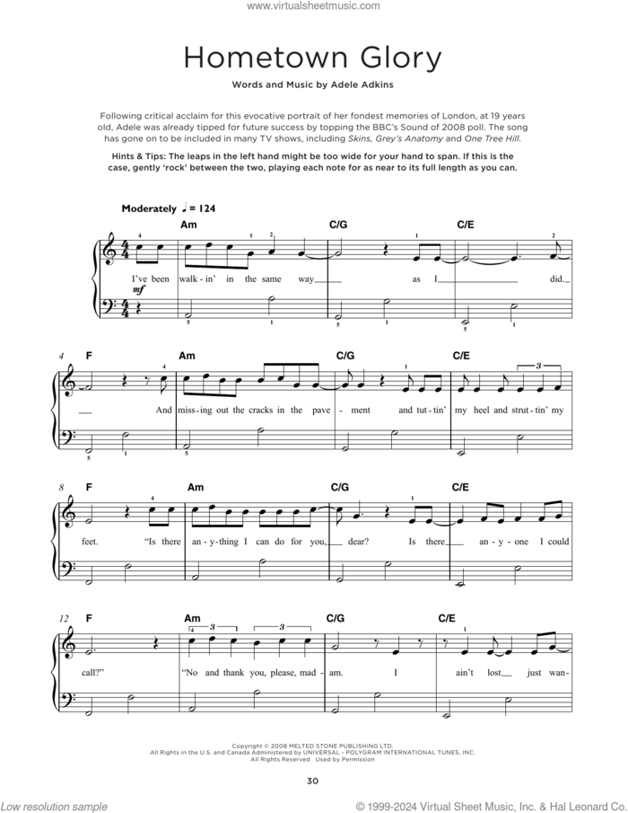 Hometown Glory sheet music for piano solo by Adele and Adele Adkins, beginner skill level