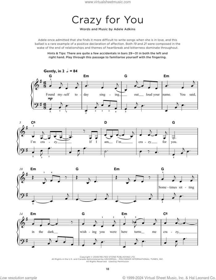 Crazy For You, (beginner) sheet music for piano solo by Adele and Adele Adkins, beginner skill level