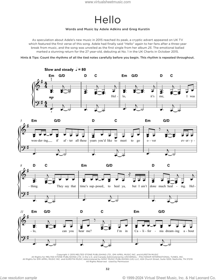 Hello sheet music for piano solo by Adele, Adele Adkins and Greg Kurstin, beginner skill level