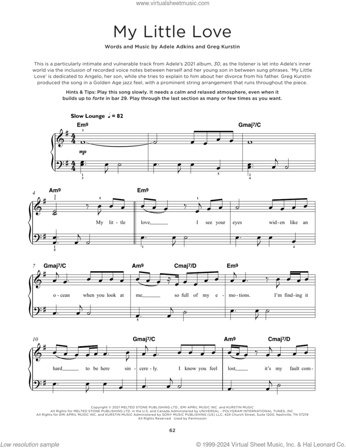My Little Love, (beginner) sheet music for piano solo by Adele, Adele Adkins and Greg Kurstin, beginner skill level