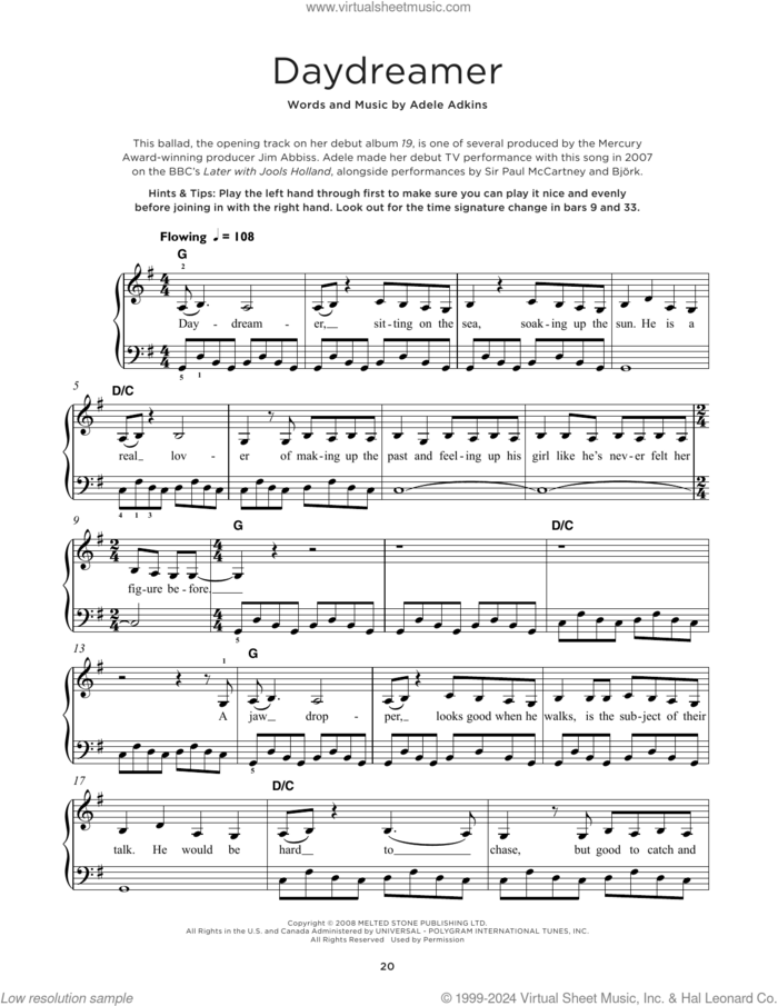 Daydreamer, (beginner) sheet music for piano solo by Adele and Adele Adkins, beginner skill level