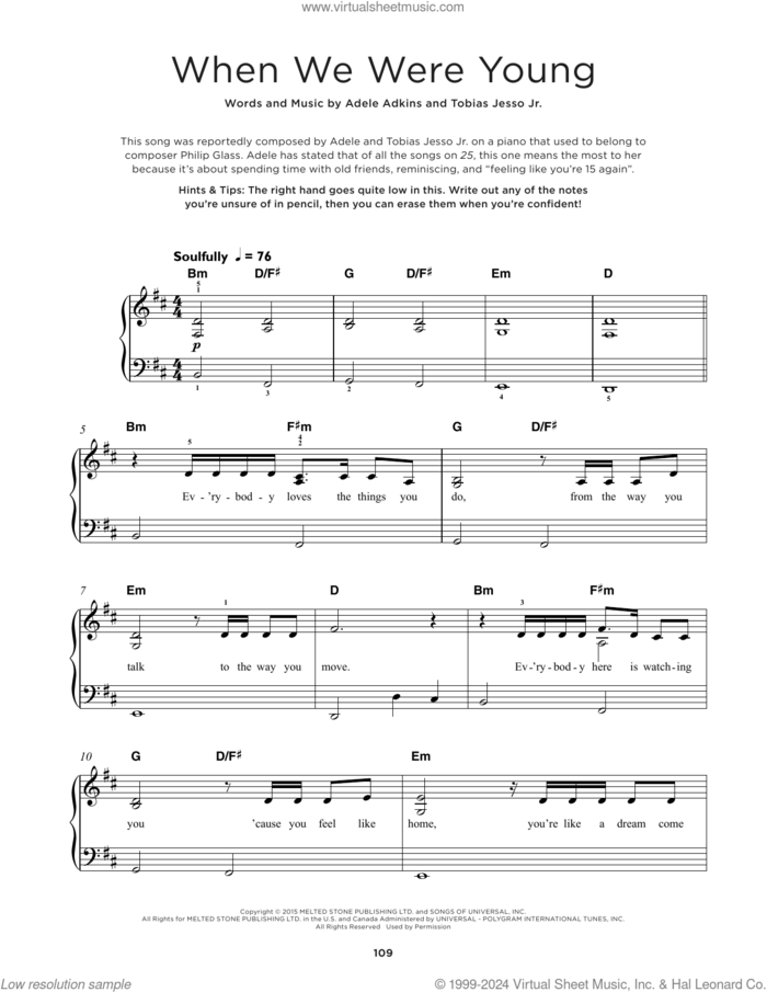 When We Were Young sheet music for piano solo by Adele, Adele Adkins and Tobias Jesso Jr., beginner skill level