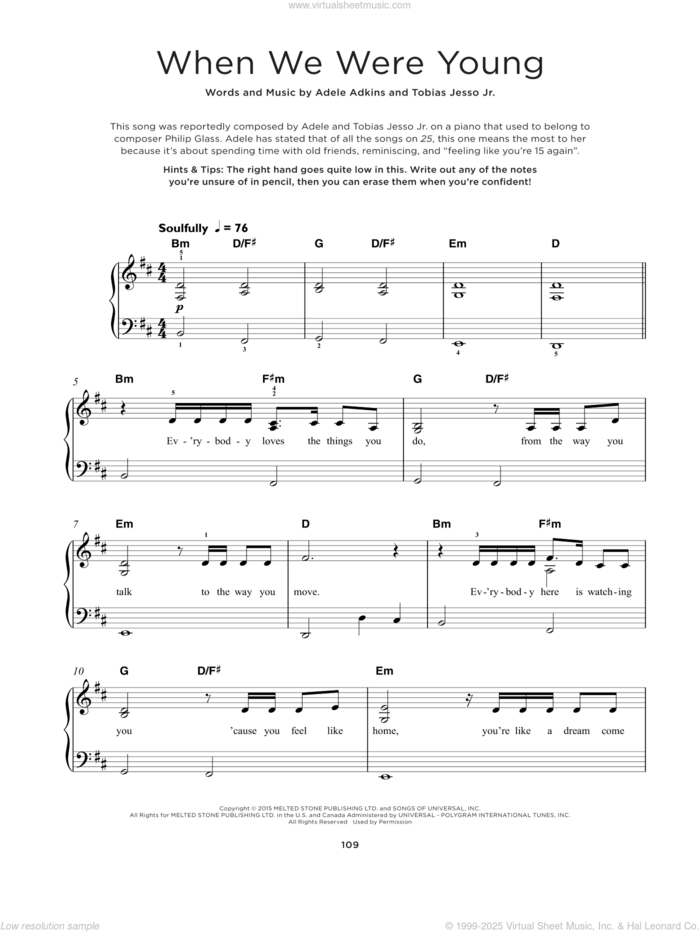 When We Were Young sheet music for piano solo by Adele, Adele Adkins and Tobias Jesso Jr., beginner skill level