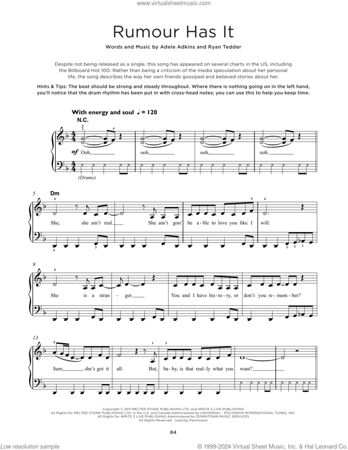Rumour Has It, (beginner) sheet music for piano solo by Adele, Adele Adkins and Ryan Tedder, beginner skill level