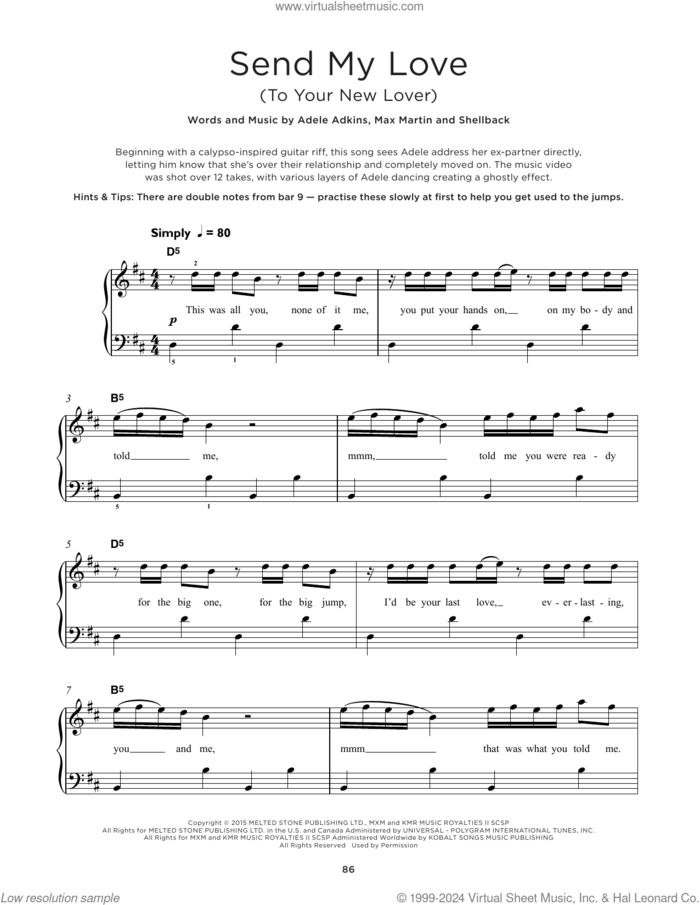 Send My Love (To Your New Lover), (beginner) sheet music for piano solo by Adele, Adele Adkins, Max Martin and Shellback, beginner skill level