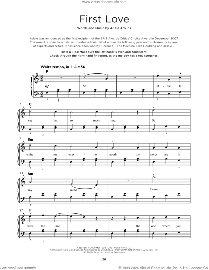 First Love, (beginner) sheet music for piano solo by Adele and Adele Adkins, beginner skill level