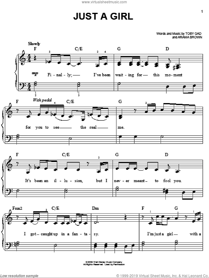 Just A Girl sheet music for piano solo by Hannah Montana, Miley Cyrus, Arama Brown and Toby Gad, easy skill level