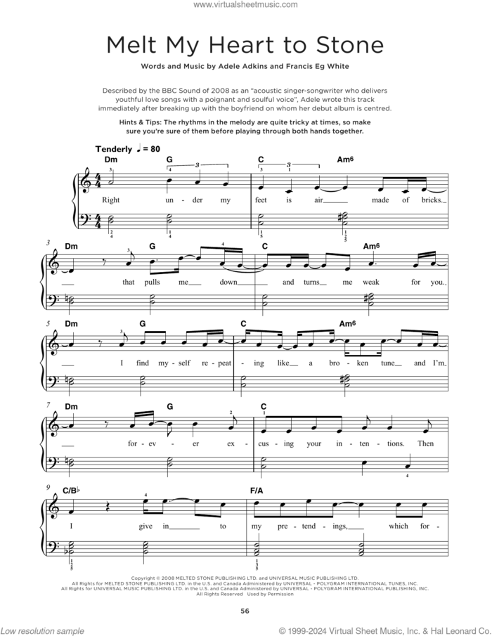 Melt My Heart To Stone, (beginner) sheet music for piano solo by Adele, Adele Adkins and Francis White, beginner skill level
