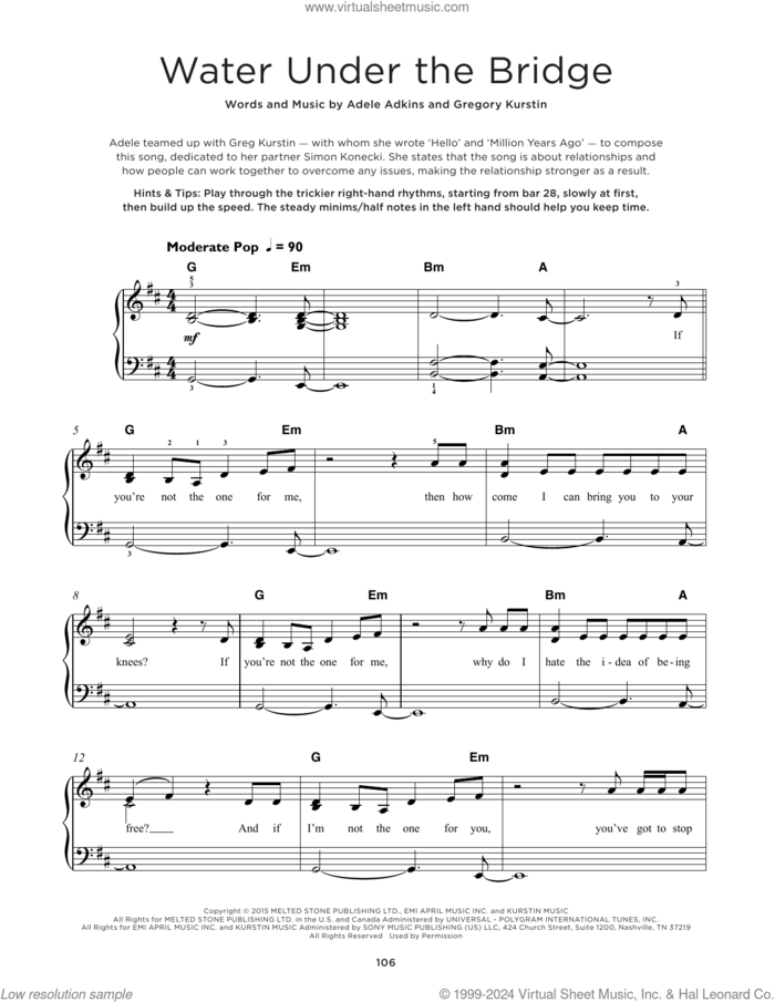 Water Under The Bridge sheet music for piano solo by Adele, Adele Adkins and Gregory Kurstin, beginner skill level