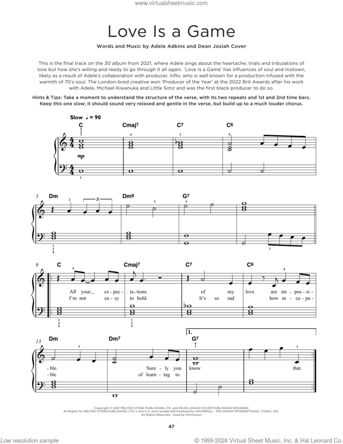 Love Is A Game, (beginner) sheet music for piano solo by Adele, Adele Adkins and Dean Josiah Cover, beginner skill level