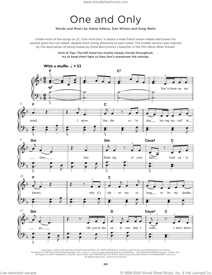 One And Only, (beginner) sheet music for piano solo by Adele, Adele Adkins, Dan Wilson and Greg Wells, beginner skill level