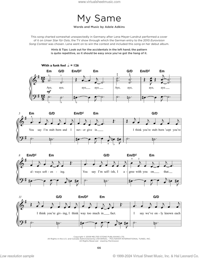 My Same, (beginner) sheet music for piano solo by Adele and Adele Adkins, beginner skill level
