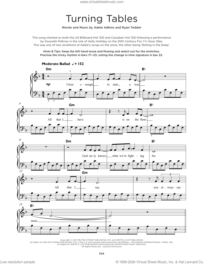 Turning Tables sheet music for piano solo by Adele, Adele Adkins and Ryan Tedder, beginner skill level