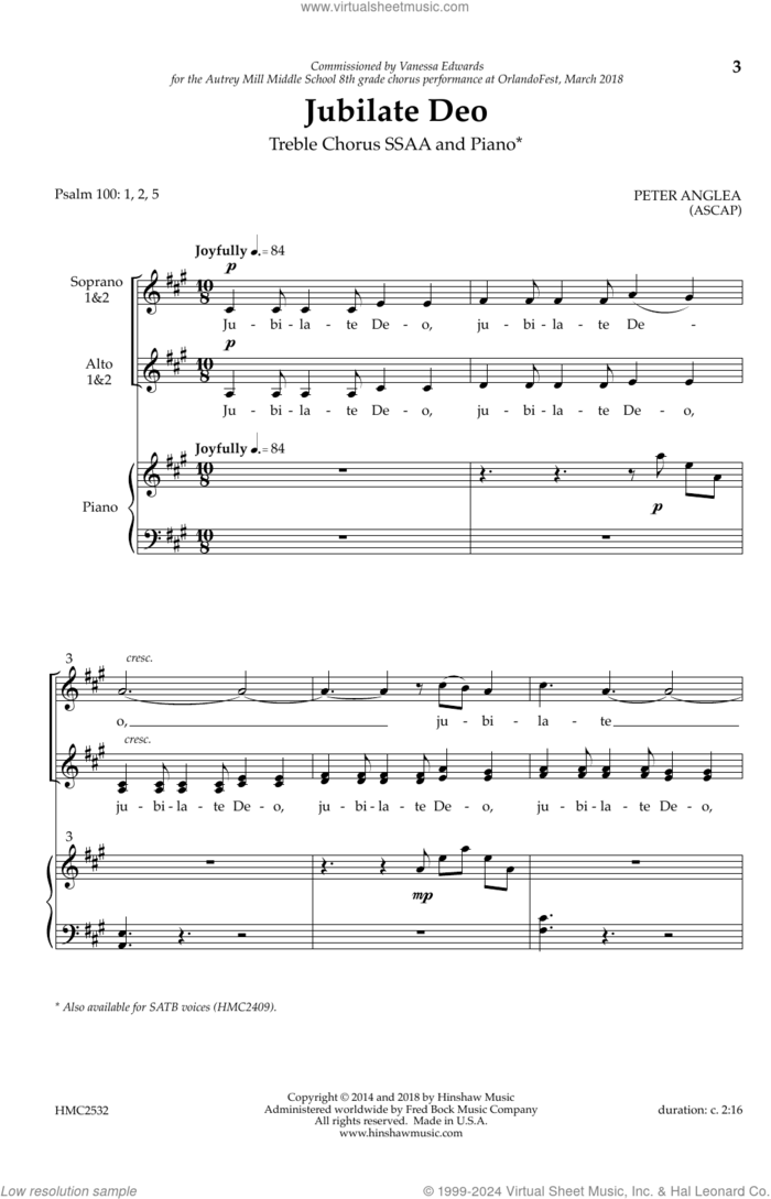 Jubilate Deo sheet music for choir (SSAA: soprano, alto) by Peter Anglea, intermediate skill level