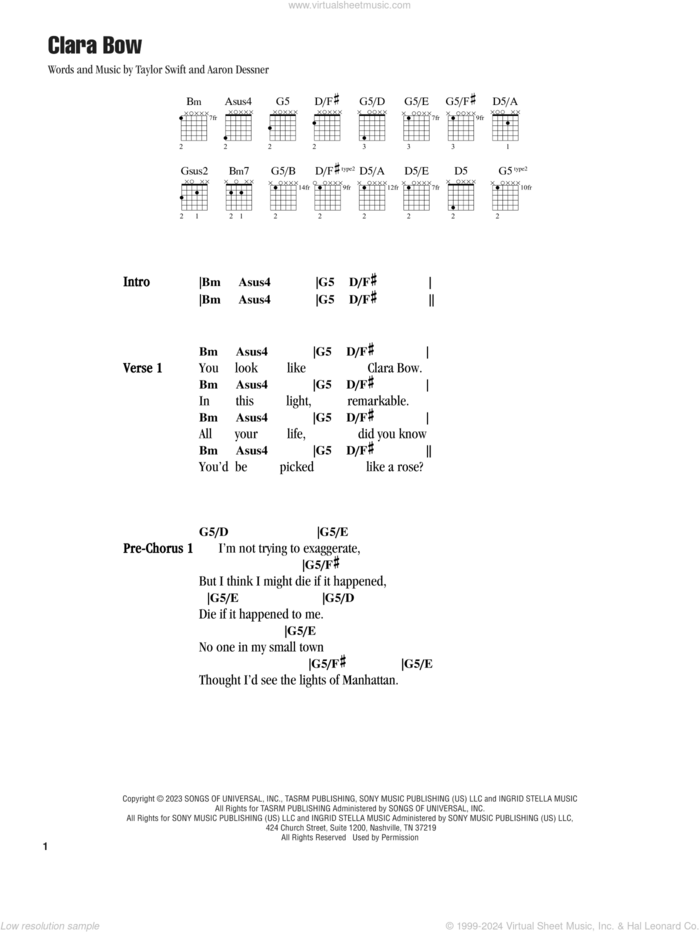 Clara Bow sheet music for guitar (chords) by Taylor Swift and Aaron Dessner, intermediate skill level