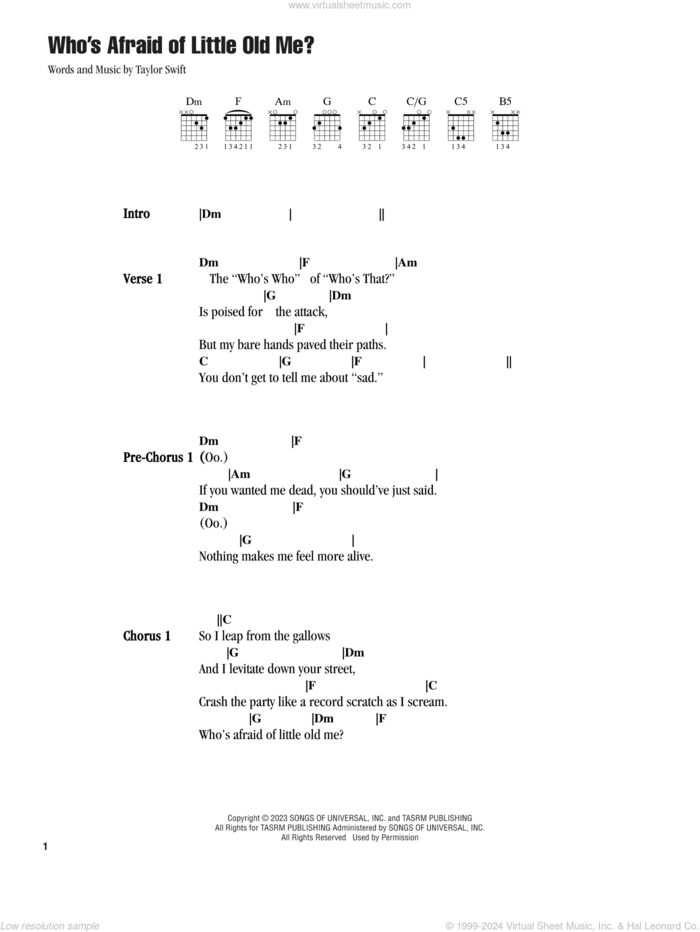 Who's Afraid of Little Old Me? sheet music for guitar (chords) by Taylor Swift, intermediate skill level