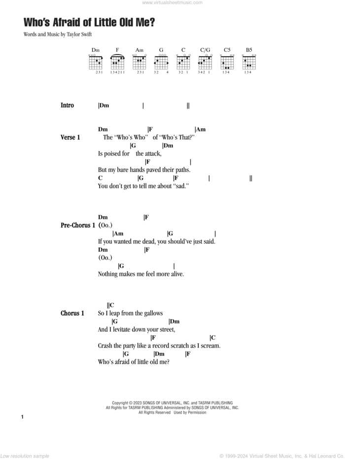 Who's Afraid of Little Old Me? sheet music for guitar (chords) by Taylor Swift, intermediate skill level