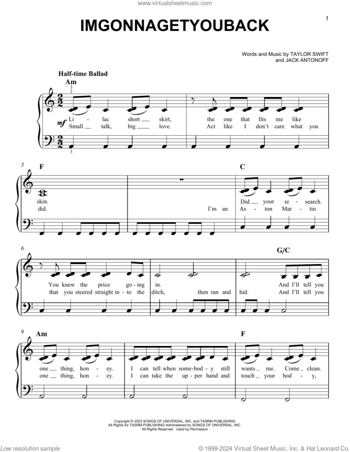 imgonnagetyouback sheet music for piano solo by Taylor Swift and Jack Antonoff, easy skill level