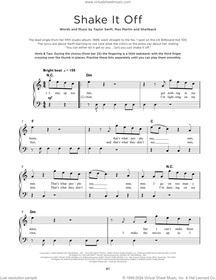 Shake It Off sheet music for piano solo by Taylor Swift, Johan Schuster, Max Martin and Shellback, beginner skill level
