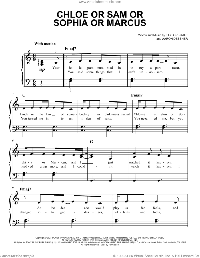 Chloe or Sam or Sophia or Marcus sheet music for piano solo by Taylor Swift and Aaron Dessner, easy skill level