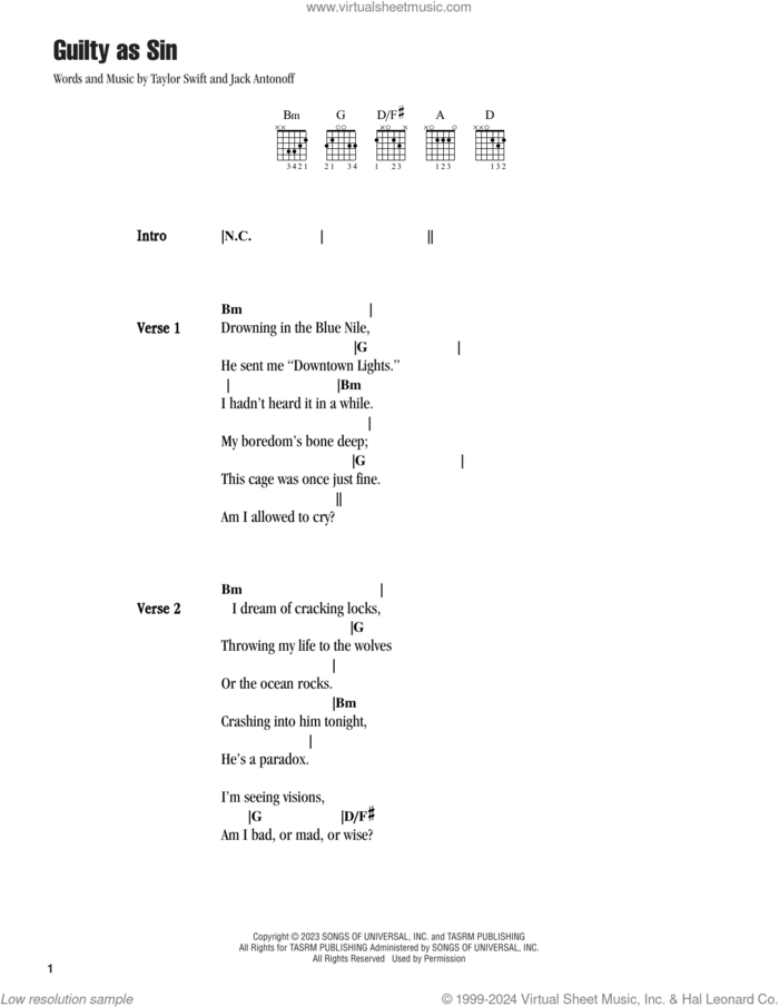 Guilty as Sin? sheet music for guitar (chords) by Taylor Swift and Jack Antonoff, intermediate skill level