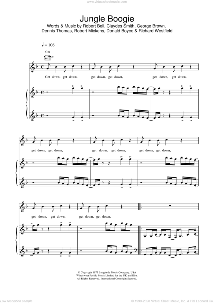 Jungle Boogie sheet music for voice, piano or guitar by Kool And The Gang and Bell,Bell,Smith,Brown,Thomas,Mickens,Boyce&Westfield, intermediate skill level