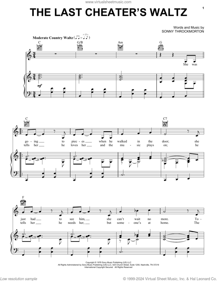 The Last Cheater's Waltz sheet music for voice, piano or guitar by Sonny Throckmorton and T.G. Sheppard, intermediate skill level