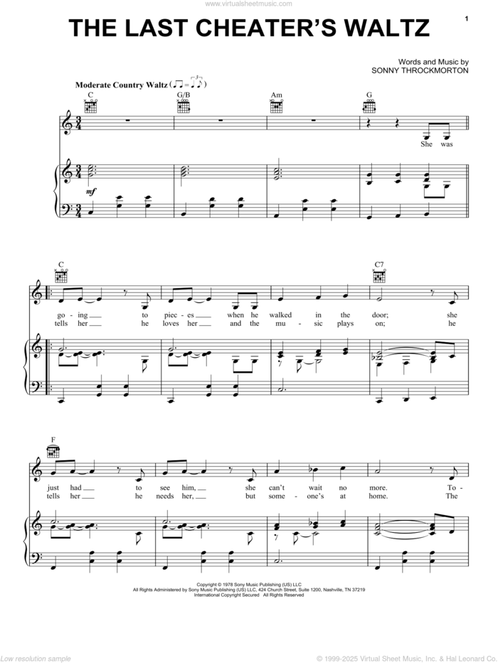 The Last Cheater's Waltz sheet music for voice, piano or guitar by Sonny Throckmorton and T.G. Sheppard, intermediate skill level