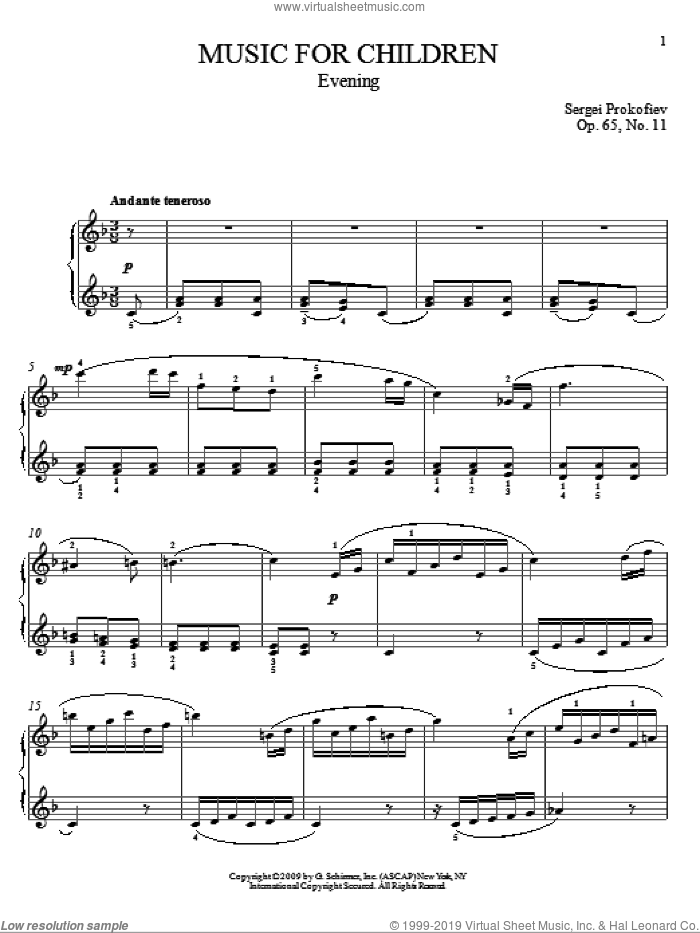 Evening sheet music for piano solo by Sergei Prokofiev, Jeffrey Biegel and Matthew Edwards, classical score, intermediate skill level