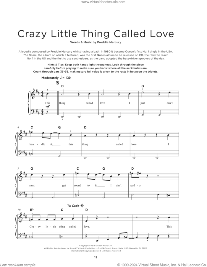 Crazy Little Thing Called Love sheet music for piano solo by Queen and Freddie Mercury, beginner skill level