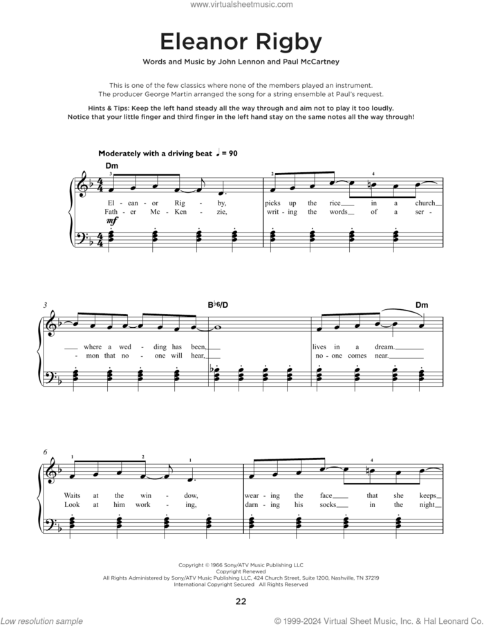 Eleanor Rigby sheet music for piano solo by The Beatles, John Lennon and Paul McCartney, beginner skill level