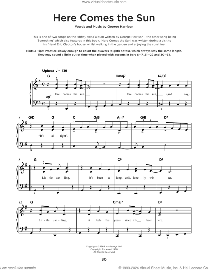 Here Comes The Sun sheet music for piano solo by The Beatles and George Harrison, beginner skill level