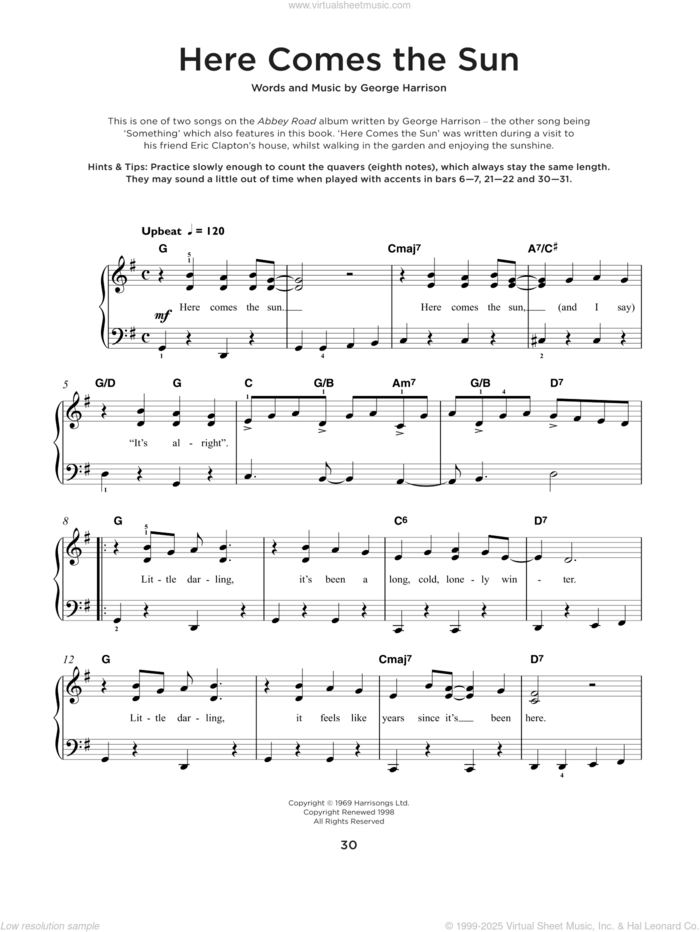 Here Comes The Sun sheet music for piano solo by The Beatles and George Harrison, beginner skill level