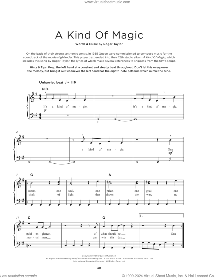A Kind Of Magic, (beginner) sheet music for piano solo by Queen and Roger Taylor, beginner skill level